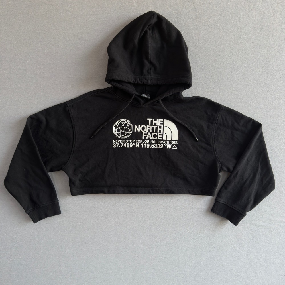 The North Face Cropped Hoodie Women's XL‎ Black Logo Graphic Pullover